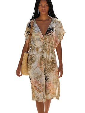 Label of Love Palm-Print V-Neck Women's Coverup Dress in Beige and Coral